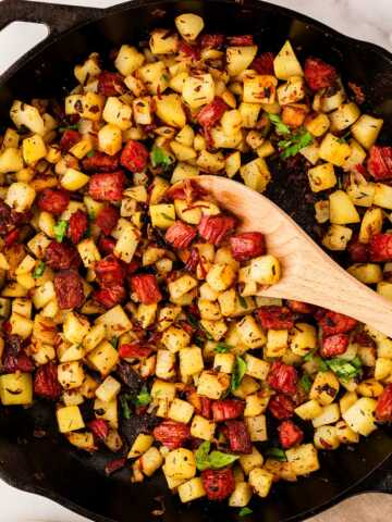 overhead view of corned beef hash in skillet