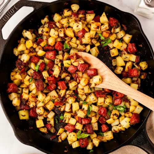 overhead view of corned beef hash in skillet