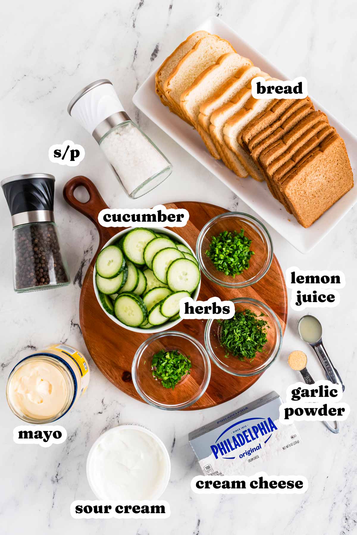 overhead view of ingredients to make cucumber tea sandwiches with text labels