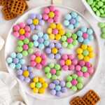 overhead view of flower pretzel bites on white plate