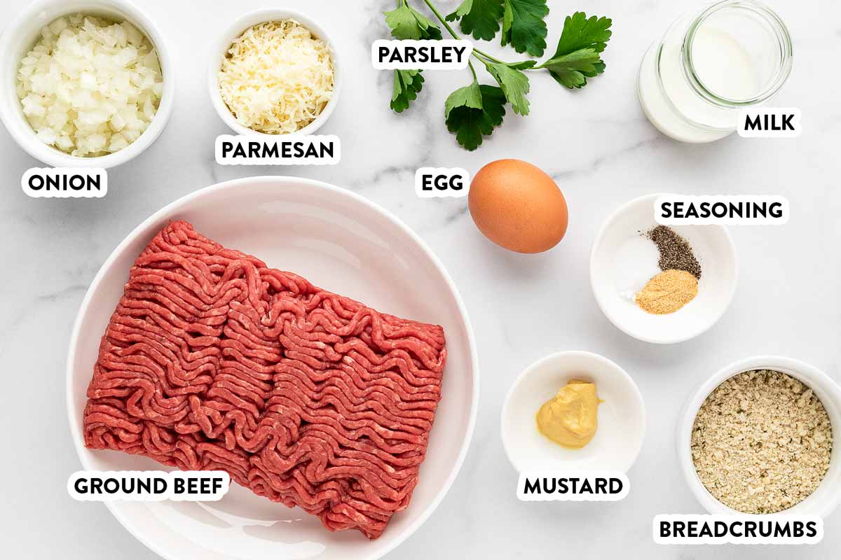 overhead view of ingredients to make meatballs with text labels