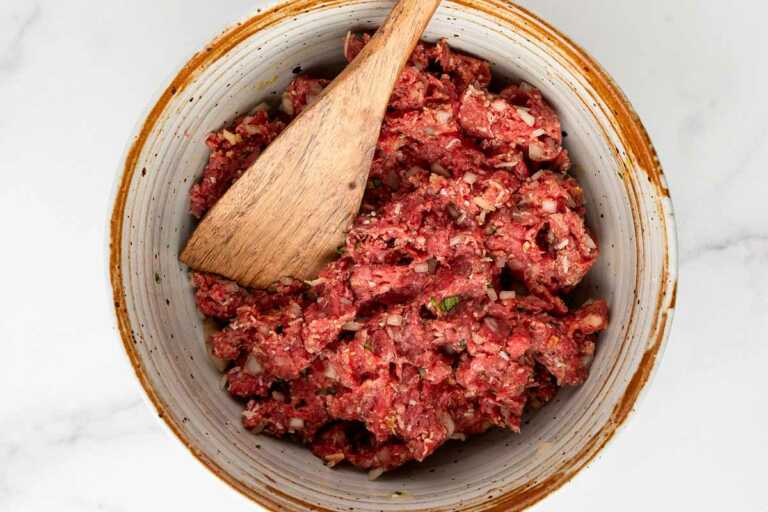 overhead view of meatball mixture in bowl