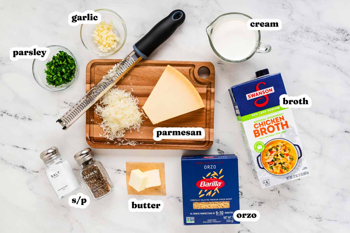 overhead view of ingredients to make creamy garlic parmesan orzo with text labels