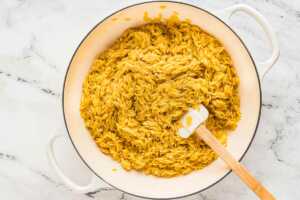 overhead view of cooked orzo in pan