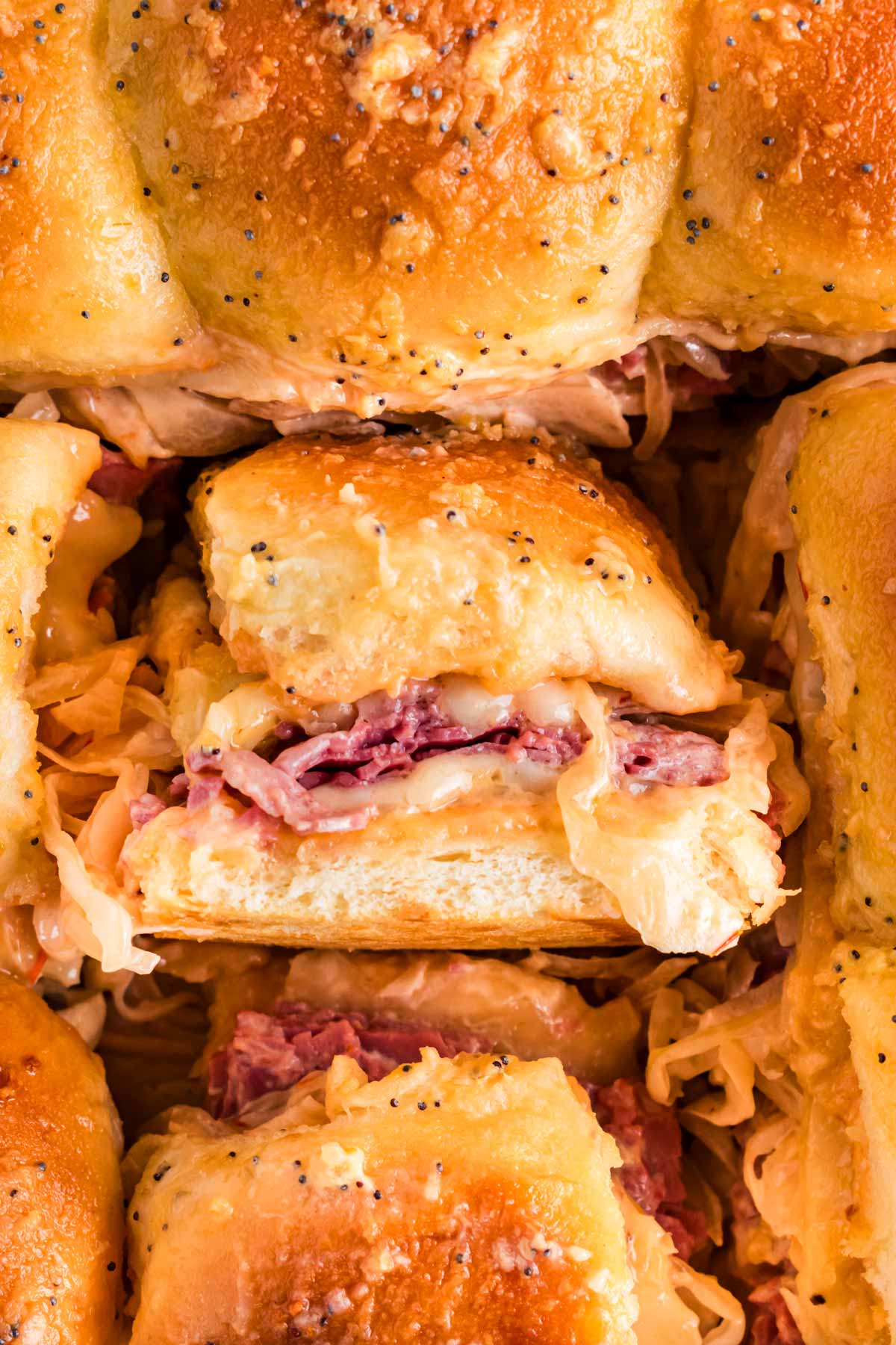 overhead view of reuben sliders