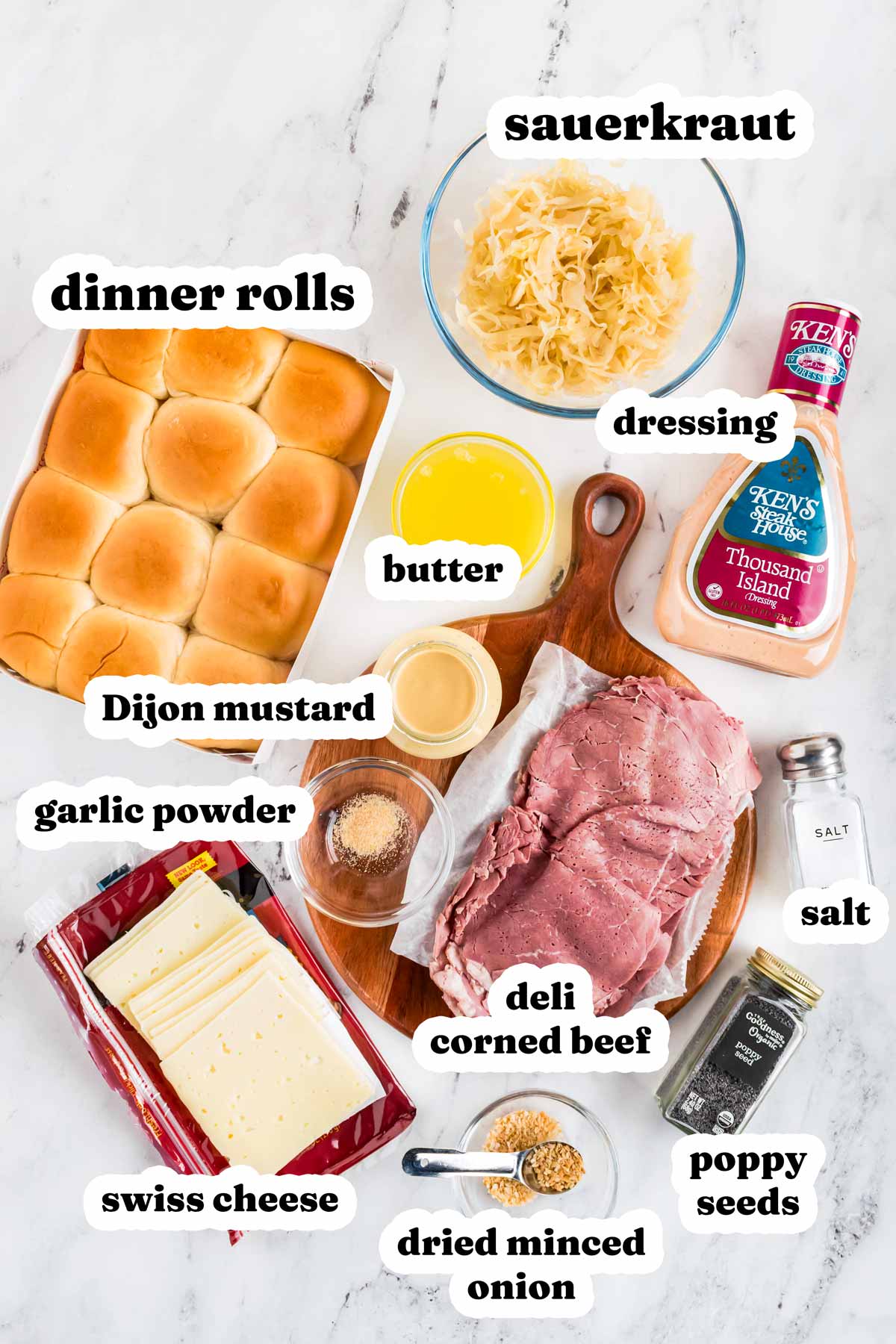 overhead view of ingredients to make reuben sliders with text labels