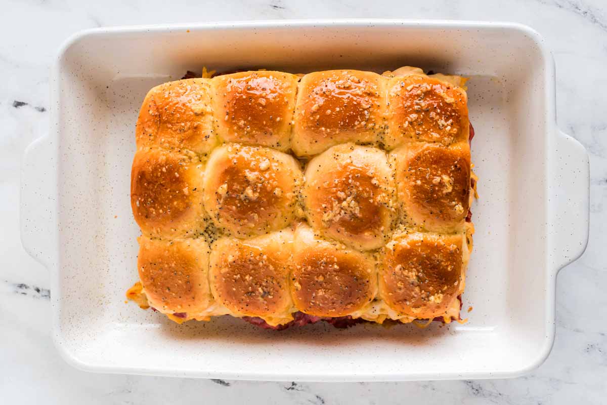 overhead view of dinner rolls baked in casserole dish