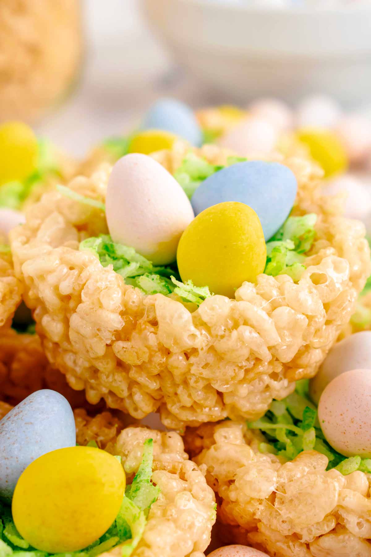 frontal close up view of Rice Krispie Easter nests 