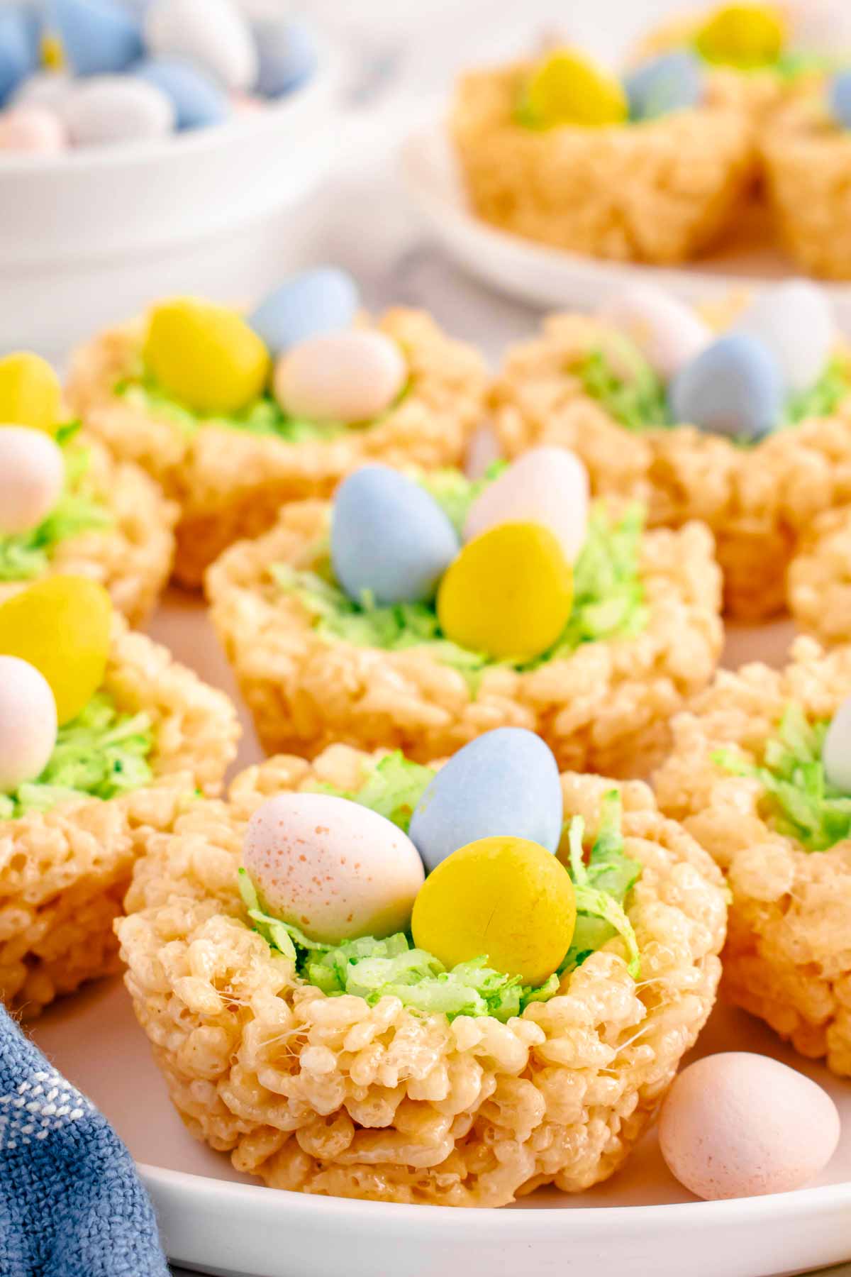 frontal view of Rice Krispie Easter nests on platter