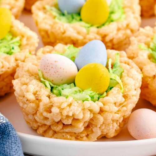 frontal view of Rice Krispie Easter nests on platter