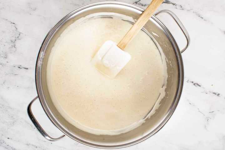 overhead view of melted marshmallows in pot