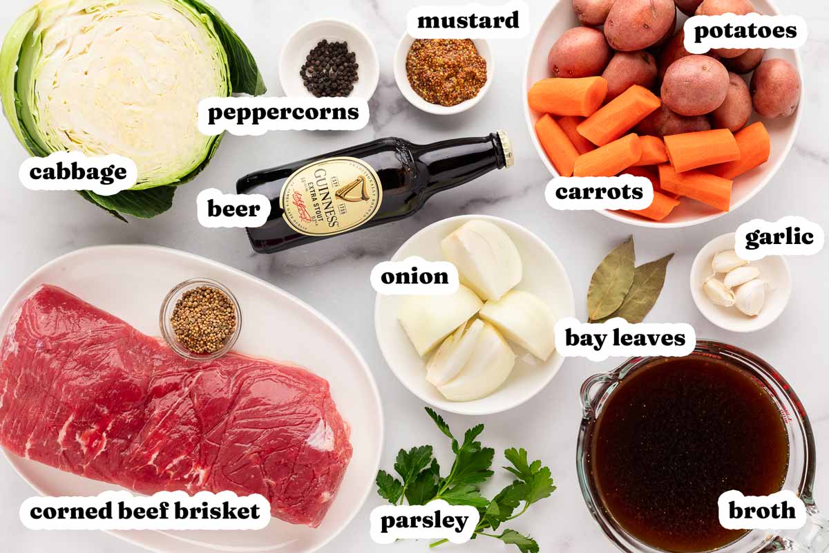 overhead view of ingredients for slow cooker corned beef and cabbage with text labels