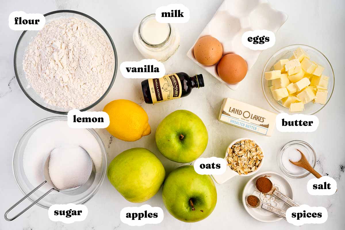 overhead view of ingredients to make Irish apple cake with text labels