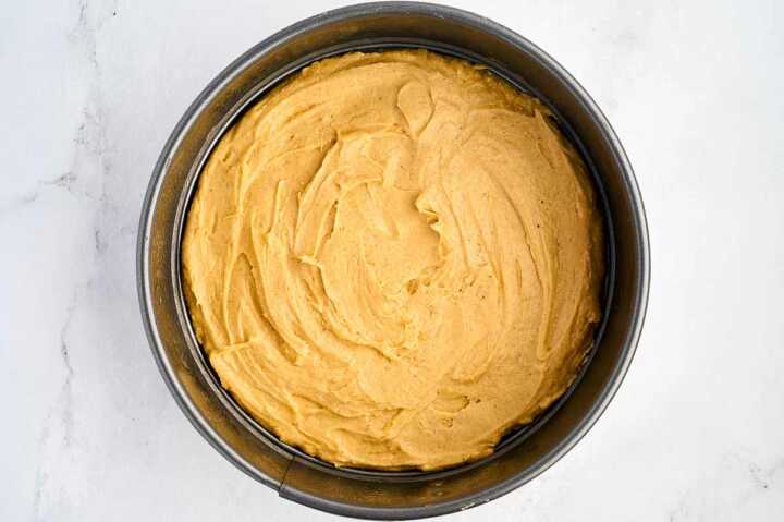 overhead view of cake batter in springform pan