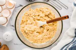 overhead view of batter for Irish potato pancakes in bowl