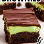 Tall Pinterest graphic showing layered mint brownies with text overlay that says “chocolate mint brownies - seriously so good!” and strip of site branding