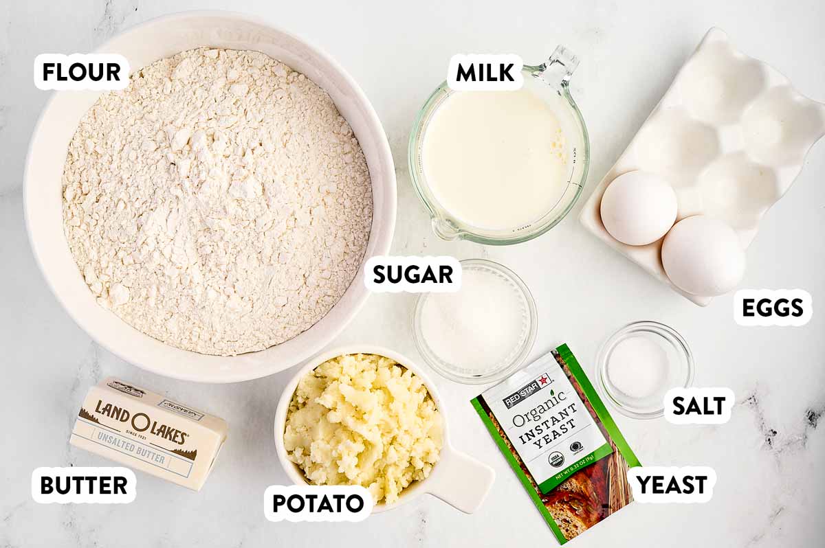 ingredients for potato rolls with text labels