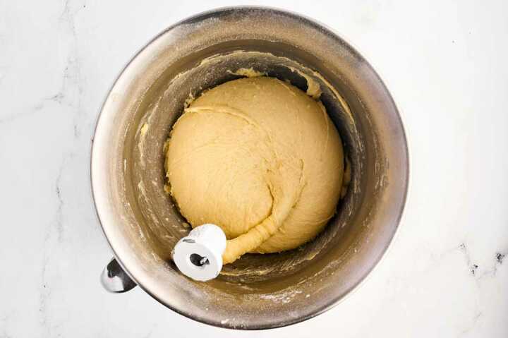 potato roll dough in mixer bowl with dough hook